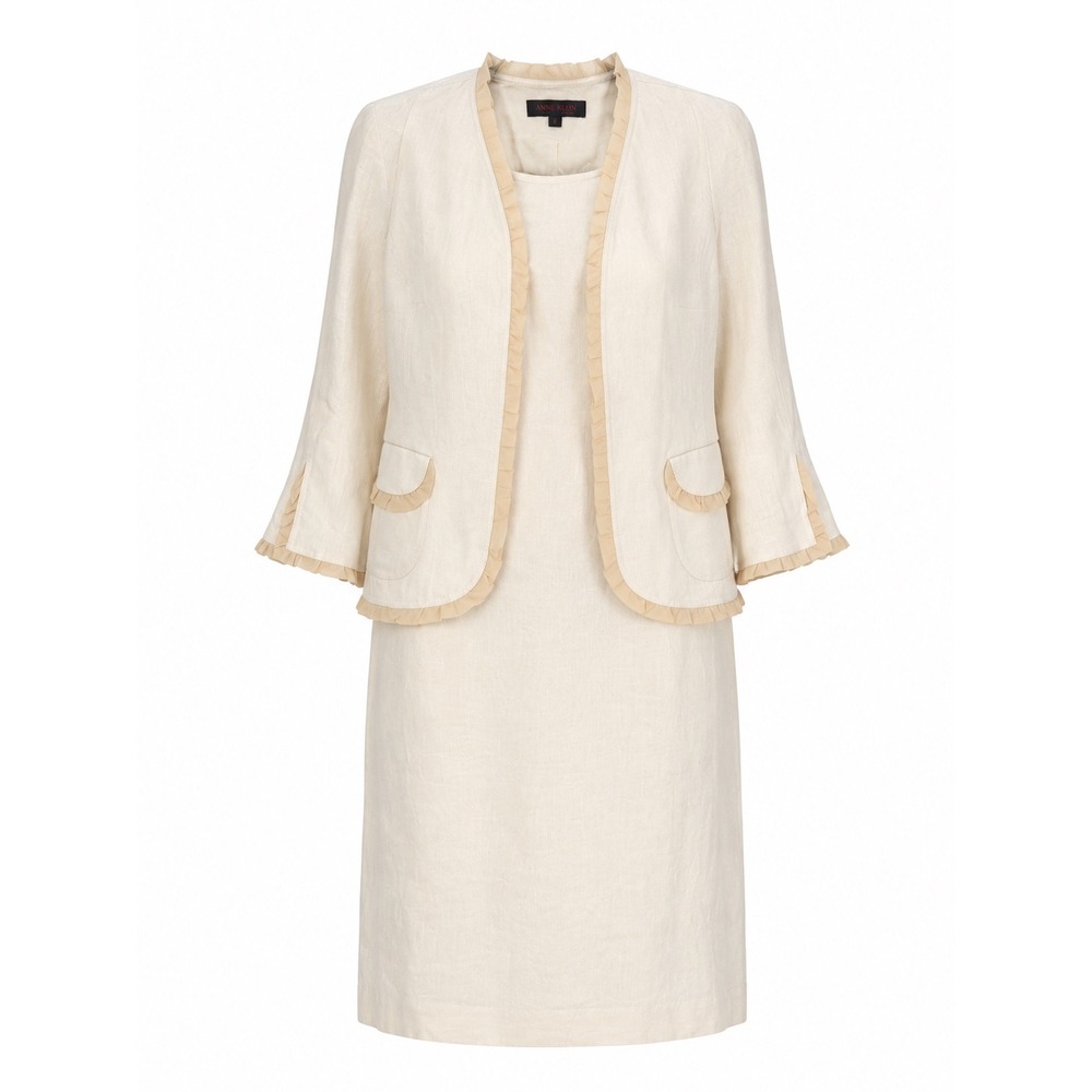 Anne Klein Dress Set 16 Cream Linen Ruffle Trim Suit Quiet Luxury Professional